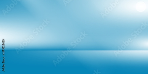 Panoramic abstract blue background for product presentation with sunlight and blurred shadows wall. Winter background.