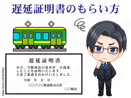 遅延証明書と電車の遅延に困る会社員のちびキャライラスト素材2