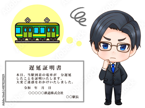 遅延証明書と電車の遅延に困る会社員のちびキャライラスト素材