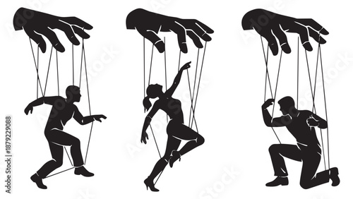 Graphic manipulation concept set featuring human silhouettes controlled by puppeteer hands for illustrating concepts of control and dependency