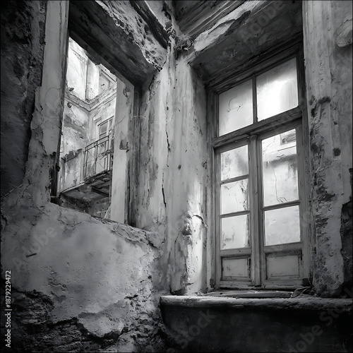 Abandoned Building Interior with Old Window and Crumbling Walls