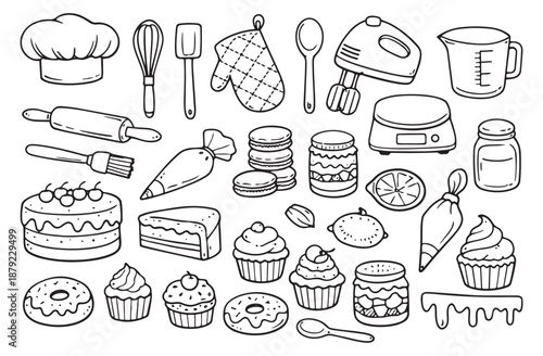 Hand drawn line art baking and pastry set featuring chef hat, mixer, cakes, cupcakes, and donuts for cooking and confectionery design