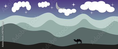 Illustration of Ramadan theme landscape design with Islamic nuances. Illustration of desert landscapes, mosques and camels Arabian nuances