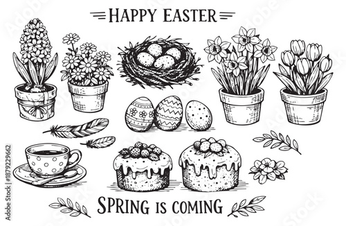 Hand drawn line art easter and spring elements set featuring potted flowers, decorated eggs, cakes, and feathers for seasonal celebration