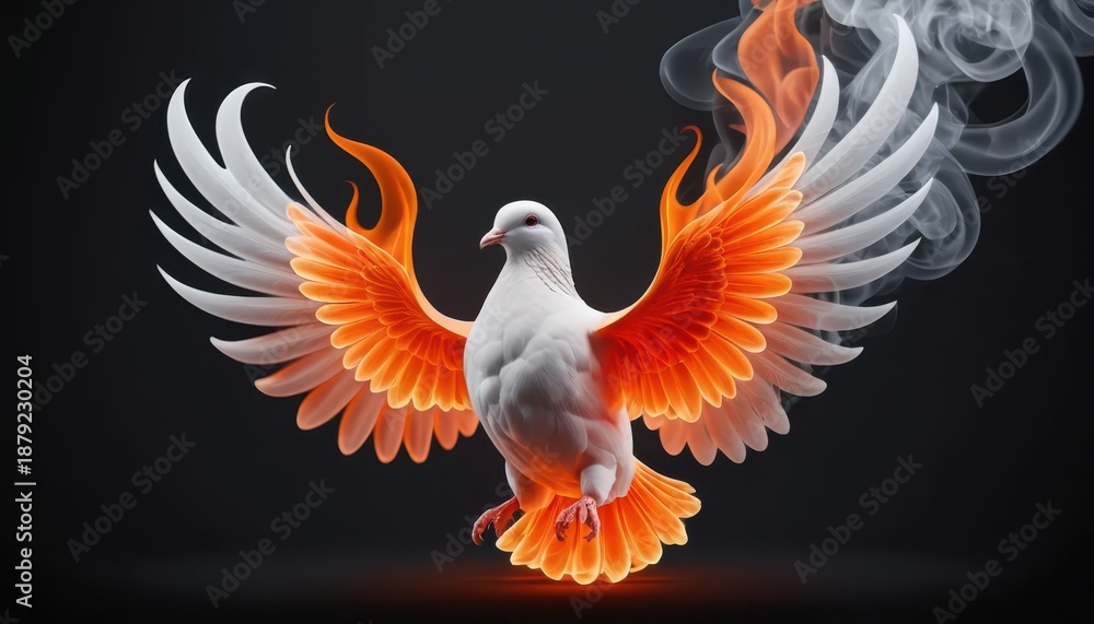 Obraz premium Majestic Dove Ascending, Wings Ablaze, Digital Art, Graceful Flight, Spiritual Symbolism, Fantasy, Hope, Redemption, Light, Dark, Peaceful, Divine