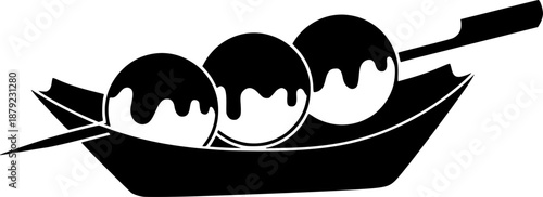 silhouette Delicious Japanese takoyaki octopus balls served on a skewer in a tray icon isolated
