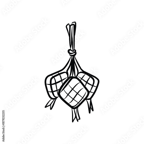 Ketupat Hanging Rice Cakes Eid Mubarak Line Art Vector Illustration