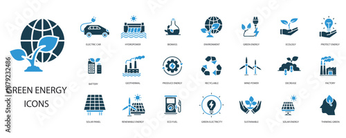 green energy icons set outline and Flat Style,transparent background