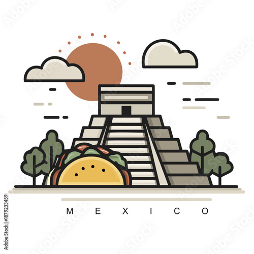Flat Illustration of Mexican Culture with Pyramid, Taco, and Sun