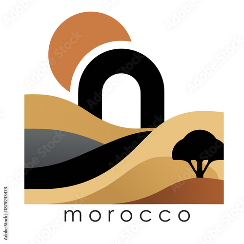 Abstract Moroccan Desert Landscape with Sun, Archway, and Argan Tree