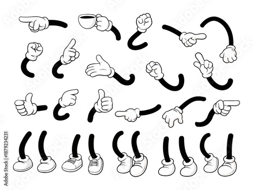 Retro cartoon legs, arms gestures and hands poses. Comic funny character foot in shoes walking and hands in glove. Animation mascot body parts vector set