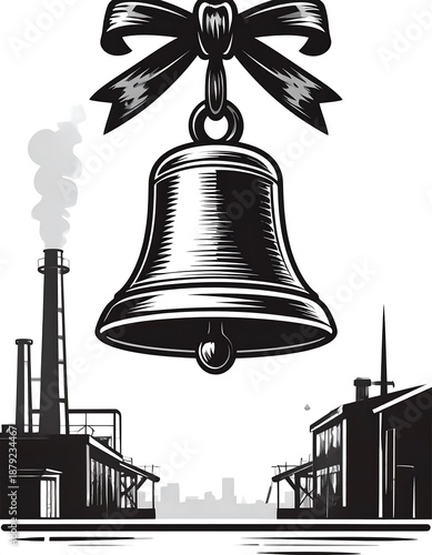 Bell hanging over factory buildings
