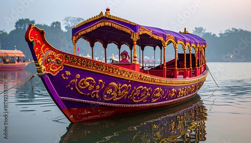Ornate Boat on Serene Lake - A Glimpse of Keralas Beauty.