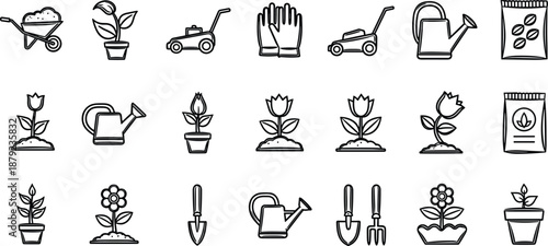 Collection of gardening icons featuring various plants and tools for nurturing and maintenance in a simple illustration style