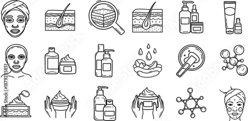 Collection of skincare icons and illustrations featuring products and facial treatments