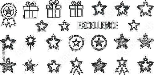 Whimsical hand-drawn star and gift box icon set with excellence motifs, perfect for illustrating concepts of success, appreciation, and festive celebration in a creative design