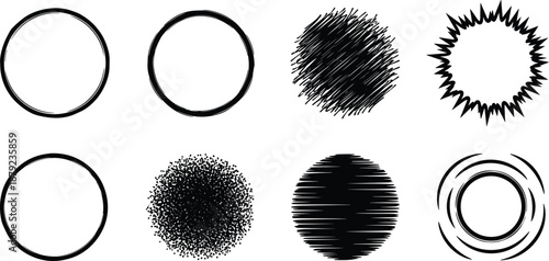 Set of eight abstract circular graphic elements in black and white, varying in texture and style