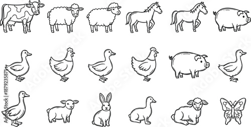 Collection of Farm Animals and Insects in Simple Outline Style For Educational and Creative Projects