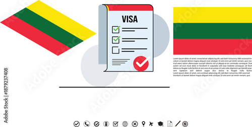 Visa Document And Lithuanian Flags Represent Travel, Immigration And Administrative Paperwork Concepts For Businesses.