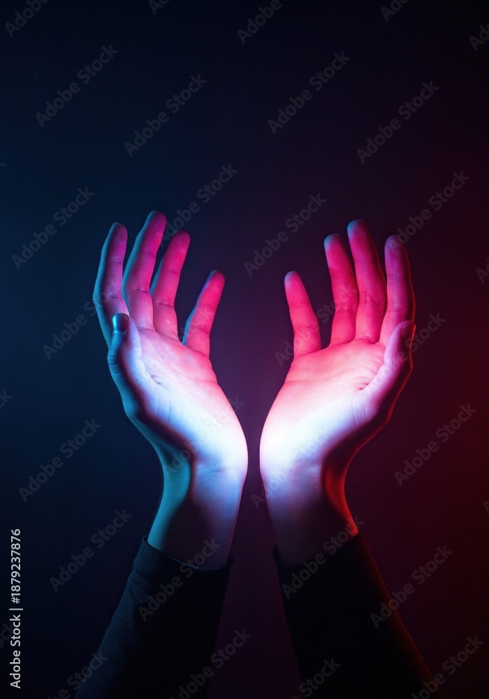 Obraz premium Embracing Radiance: Hands outstretched in a gesture of welcome or offering, bathed in a captivating interplay of red and blue light. Symbolizing connection, hope, or even a sense of wonder. 