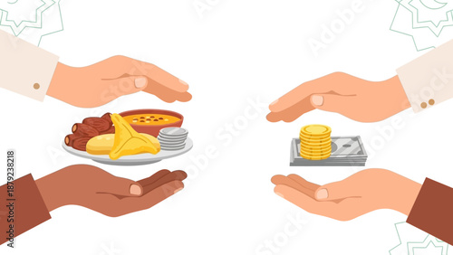 Two hands exchanging a plate of food for a tray with drinks