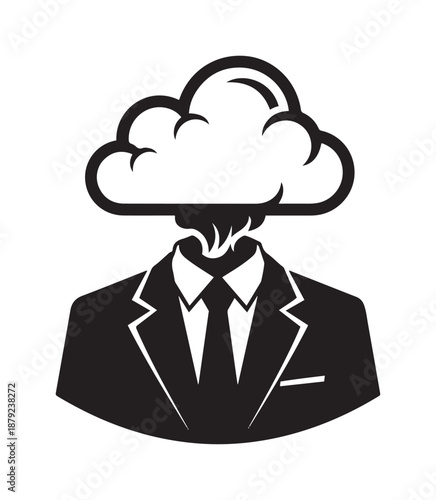 Black and White Graphic of a Suited Man with a Cloud Head, Tie Knotted, Suit Jacket with White Trim, Simple Digital Design