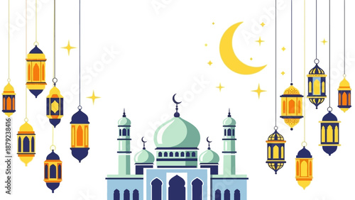 A serene mosque illustration adorned with hanging lanterns under a crescent moon and stars in a peaceful nighttime scene