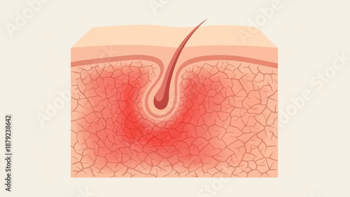 Cross-section of inflamed skin showing a hair follicle with surrounding redness and dry, cracked epidermal layer.