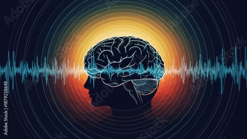 Abstract illustration of a human head with a glowing brain and brainwave patterns, symbolizing thought and mental activity.