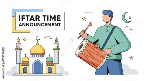 Man beating a drum near a mosque during iftar time announcement with stars and a crescent moon visible