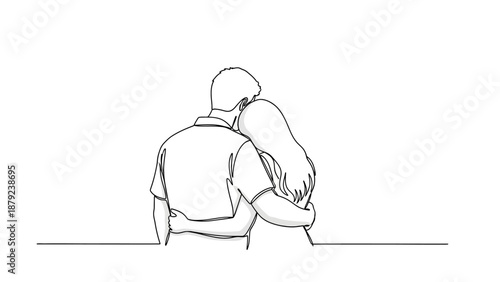 Romantic Couple Hugging Back View Line Art Drawing