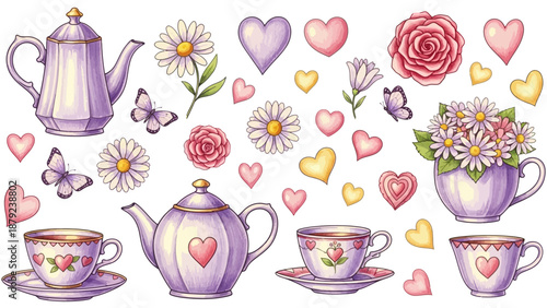 Teatime Set with Teapot Cup Flowers and Butterflies Illustration