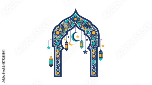 An intricately designed archway adorned with stars, crescent moon, and hanging lanterns, illustrating cultural heritage, architecture, and festive decorations.