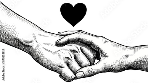 Hands Holding Each Other with Black Heart Symbol Sketch