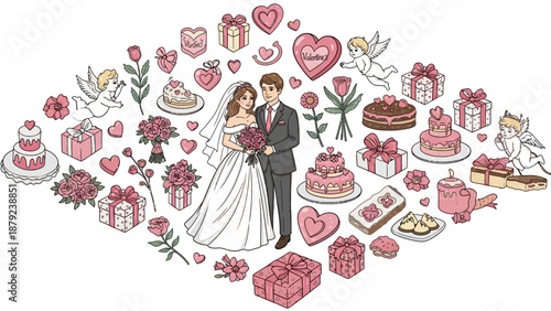 Romantic Wedding Elements Pattern with Bride and Groom