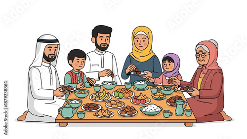 Family gathering around a table filled with food and dishes, enjoying a meal together, surrounded by traditional clothing and a festive atmosphere from a front viewpoint.