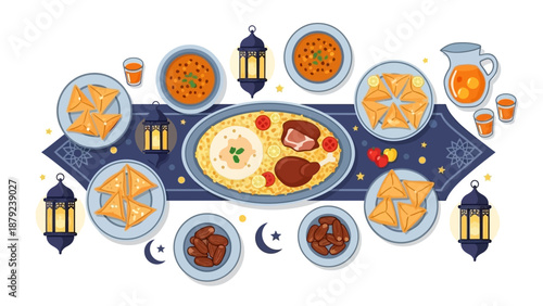 Traditional Middle Eastern feast with assorted dishes and lanterns on a dark blue tablecloth, viewed from above