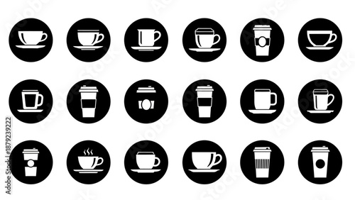 Coffee Shop Menu Black Circle Icons Set