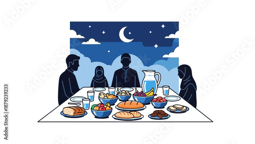 Family Gathering for Dinner under Night Sky with Crescent Moon and Stars