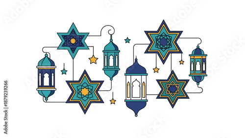 Collection of Islamic lanterns and stars in various blue hues, symbolizing spirituality and cultural heritage, in a digital illustration.