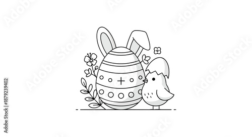 Delightful black and white line art depicting a decorated easter egg featuring cute bunny ears, positioned next to a newly hatched chick amidst