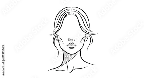 Elegant minimalist sketch capturing the essence of anonymous female beauty, featuring flowing hair and a clean artistic outline of the modern human