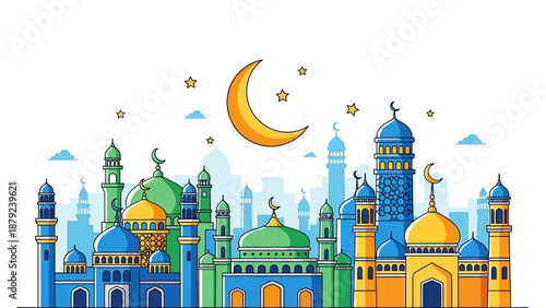 Vibrant illustration of a fantasy cityscape with crescent moon shining brightly above the towers and domes at dusk from a distant viewpoint