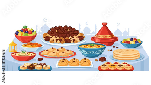 Assorted Traditional Cuisine Displayed on a Decorative Table with Various Dishes and Delicacies