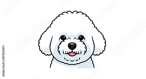 Charming fluffy white dog cartoon illustration featuring a friendly adorable puppy face with bright dark eyes and a cute pink tongue on a pristine