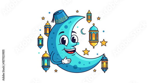 A smiling crescent moon character surrounded by lanterns and stars in a festive illustration