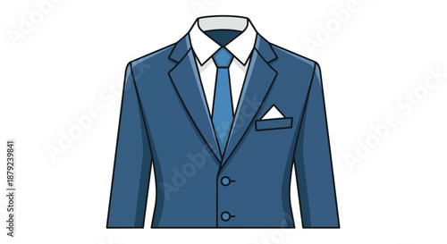 Elegant blue business suit jacket with crisp white shirt, smart blue tie, and pristine pocket square, showcasing professional attire for corporate