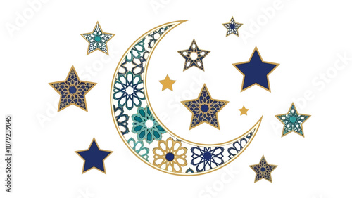Crescent moon with intricate designs surrounded by stars in the night sky illustration