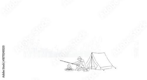 Minimalist vector illustration of a tranquil camping scene featuring a person by a campfire and tent in a forest