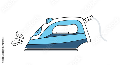 Modern household steam iron illustration with vibrant blue and white colors and visible vapor, depicting efficient garment care for smooth fabric